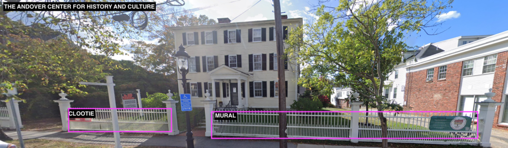 Image showing the front of the Andover Center for History and Culture with notations identifying the northern fence as the location for the "mural" weaving and the southern fence as the location for the clootie.